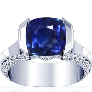 18K White Gold Cushion Cut Blue Sapphire Ring With Sidestones (GIA 