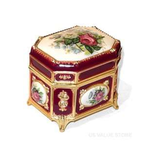   Octagonal Shape Victorian Floral Musical Box Wine Red