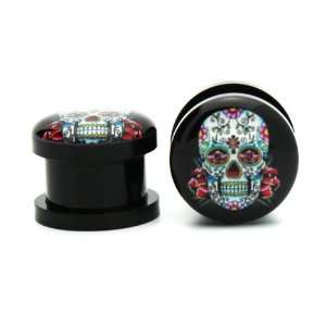 8g 3mm Brand New Black Acrylic Day of the Dead Ear Gauges Plugs Screw 
