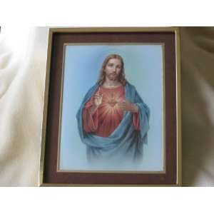  Scared Heart of Jesus   Picture with Gold Trim & Glass 
