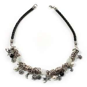  Antique Silver Tone Charm Leather Style Necklace   38cm Jewelry