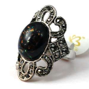   Tibetan Silver Black Shell Gemstone Diamante Zircon Finger Ring  
