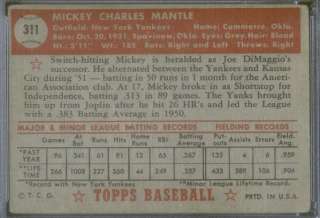 1952 Topps 311 Mickey Mantle PSA 3 (0913)  