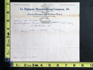 1913 Bill / Billhead Highgate Manufacturing Co. Highgate, Vt. Stoves 