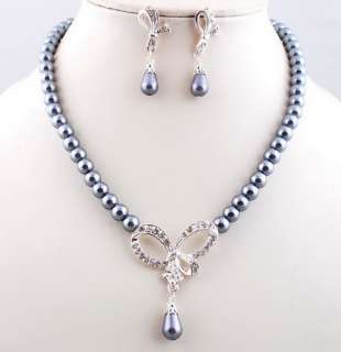 1set Bowknot Pendant Necklace Dangle Earrings Imitate Pearl Crystal 
