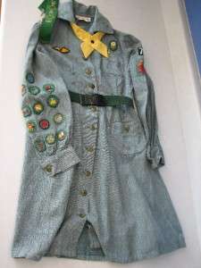 Vtg Girl Scout Uniform Dress, Badges, Neck Scarf, Belt and Head Band 