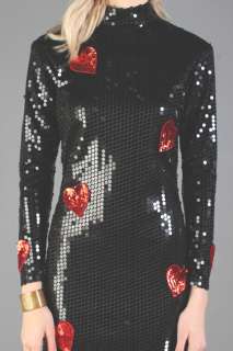vtg HEART PRINT trophy BEADED+SEQUIN cocktail VALENTINES holiday dress 