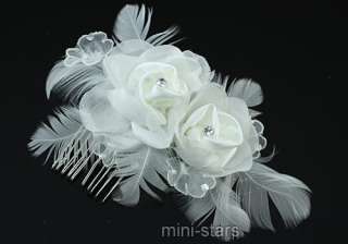 Bridal White Feather Rose Handmade Hair Comb T1385  