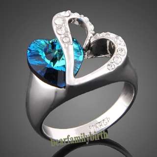   white GOLD GP Swarovski crystal heart with blue stone ring 1766  