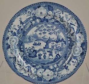   Blue & White Chinoiserie Gardener Pearlware Plate c 1820  