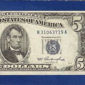 US CURRENCY 1953 $5 SILVER CERTIFICATE in CHOICE UNCIRCULATED, Old 