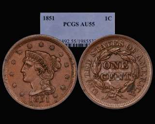 1851 CORONET LARGE CENT BRAIDED HAIR~ PCGS AU 58   