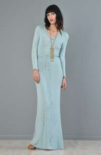 vtg 70s ICE BLUE plunging CUTOUT knit draped scalloped wedding maxi 