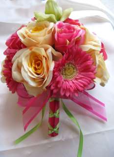10 pc Wedding Bouquet flowers PINK YELLOW GREEN DAISY  
