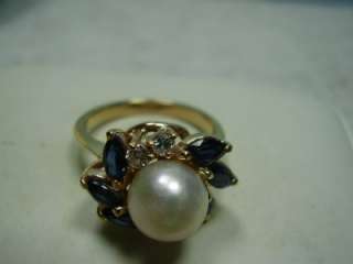 Nice 14K Yellow Gold Pearl, Sapphire, and Diamond Ring  