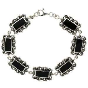  Sterling Silver Onyx and Marcasite Link Bracelet Jewelry