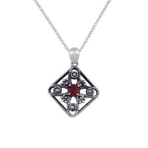   Garnet and Marcasite Square Shaped Pendant Necklace, 18 Jewelry