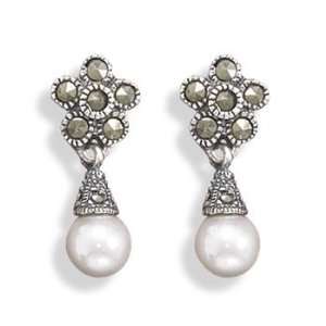   Marcasite Earrings with Imitation Pearl Drop CleverSilver Jewelry