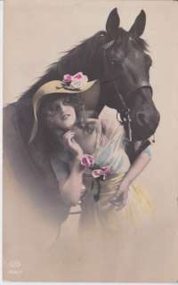 EARLY GLAMOUR GIRL AND HORSE POSTCARD TINTED RPPC  