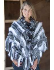 Womens Skylar Knitted Rabbit Fur Cape with Fox Fur Fringe