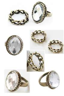 Vintage Fashion White Faceted Rhinestone & Chain Two Retro Style Ring 