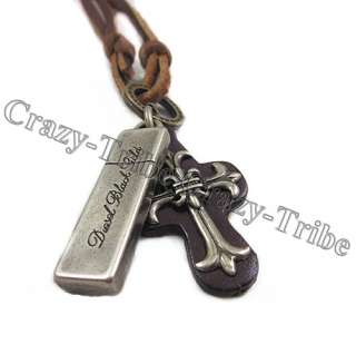 mens boys charm choker Cross Metal pendant Genuine leather necklace 