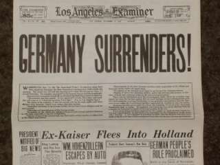 GERMANY SURRENDERS WWI November 11, 1918 LA EXAMINER Newspaper Reprint 