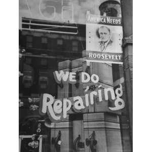  Franklin D. Roosevelt Poster Hanging in a Repair Store Window 