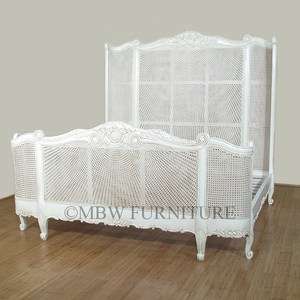 Solid Mahogany Antiqued White Wraparound Rattan King Bed b034aw  