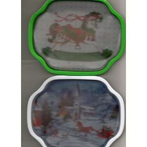  Two Christmas Metal Trays Church Scene and Rocking Horse 