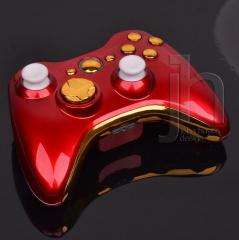 CUSTOM MODDED XBOX 360 RED AND CHROME GOLD WIRELESS CONTROLLER SHELL 