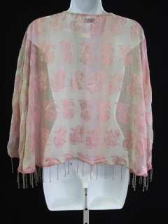 CUPRE Pink Floral Sheer Beaded Poncho Top Sz S  