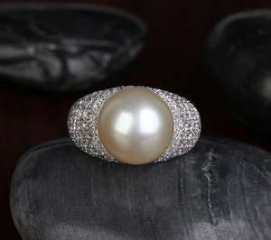 12.3mm South Sea Pearl 14K White Gold Pave 1.11CT Diamond Engagement 