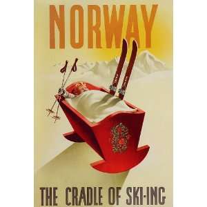 NORWAY THE HOME SKI SKIING BABY CRADLE ICE WINTER SPORT VINTAGE POSTER 