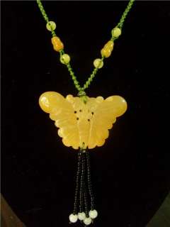 Huge Adjustable Yellow Jade Beaded Fringe 2 sided Butterfly Necklace 