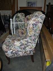   Queen Anne Wingback Designer Upholstered Floral Fabric Chair  