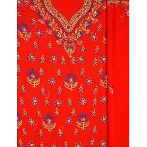  Red Chikan Hand Embroidered Salwar Kameez Fabric from 