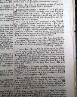 LDS History Mormonism 1843 Newspaper Jews Accepted Jo Smith Nauvoo, IL 