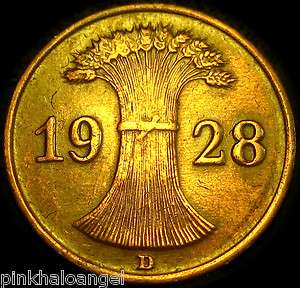 German Weimar Republic Reichspfennig Coin 1928D  