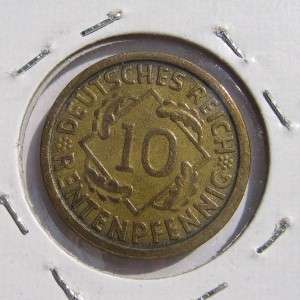 GERMANY, Weimar Republic 1924 J bronze 10 Rentenpfennig  