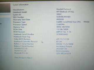 HP EliteBook 6930p Core 2 Duo 2.66Ghz 4GB Ram No Hard Drive Win7 COA 