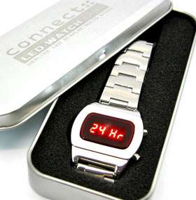 BRAND NEW LED WATCH 70s UNISEX SS STYLE CHROME RETRO RED FACE SILVER 