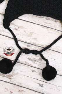 Knitted Black Devil Bunny Rabbit Ear Pom BEANIE HAT CAP  