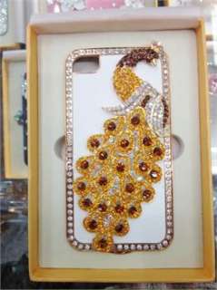 White leather Luxury Pink Peacock Rhinestone Case Cover for iPhone 4 