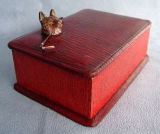   BRONZE COLD PAINTED DOG FOX HUNTING WHIP CROP LEATHER BOX CASE  