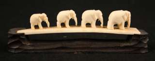   CARVED BOVINE COW BONE MINIATURE FAMILY OF ELEPHANTS WITH STAND  