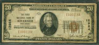 20.00 National Bank Note First NB RIVERSIDE New Jersey, 1929, Fr 