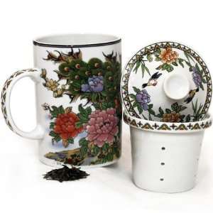 Ornate Flower Peacock Porcelain Tea / Coffee Cup with 