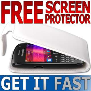 WHITE LEATHER FLIP CASE COVER / SCREEN PROTECTOR FOR BLACKBERRY 9360 