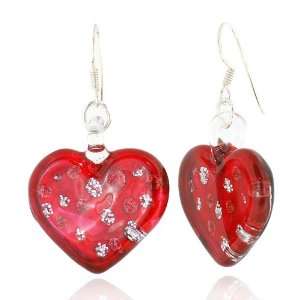   Blown Venetian Murano Glass Earrings Red with Tiny Flowers Jewelry